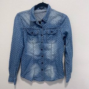 Chiole Denim Blue and White Polka Dot Button Down Shirt Size Small